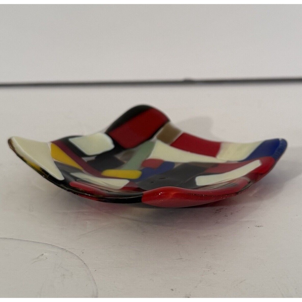 Multicolor Fused Art Glass Pieces Trinket Dish/Dish/Decor 4.5'' x 4.5'' colorful